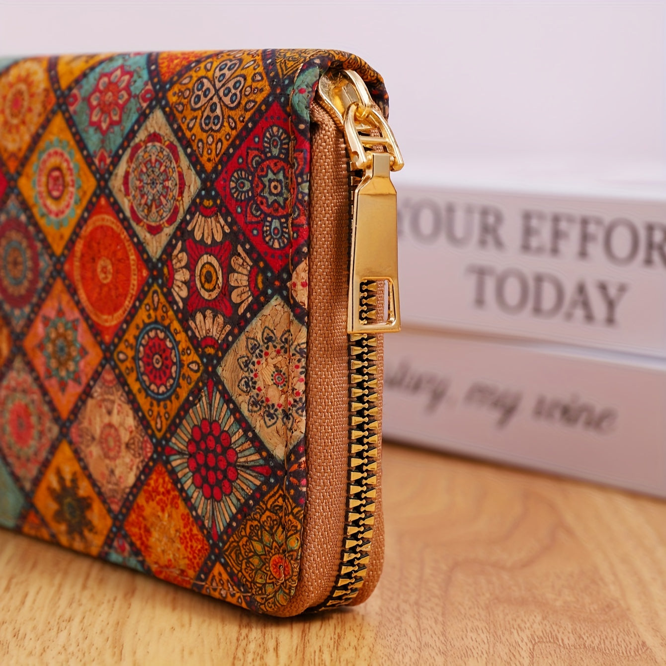 Women's vegan leather wallet with floral print, clutch coin purse, and faux wooden credit card holder.