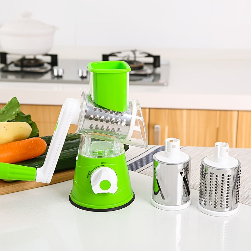 Three-in-One manual cheese and vegetable grater made of durable plastic with interchangeable shaving rollers, suitable for kitchen, camping, and RV use. Easy to use, rustproof, and easy to