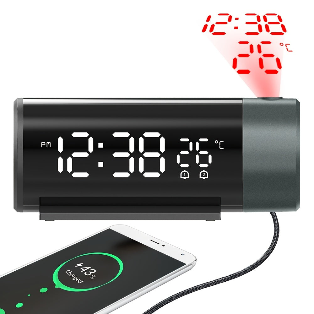 Digital smart projection clock with USB connection, dual alarms, sleepy function, time and temperature projection, and 4 brightness levels.