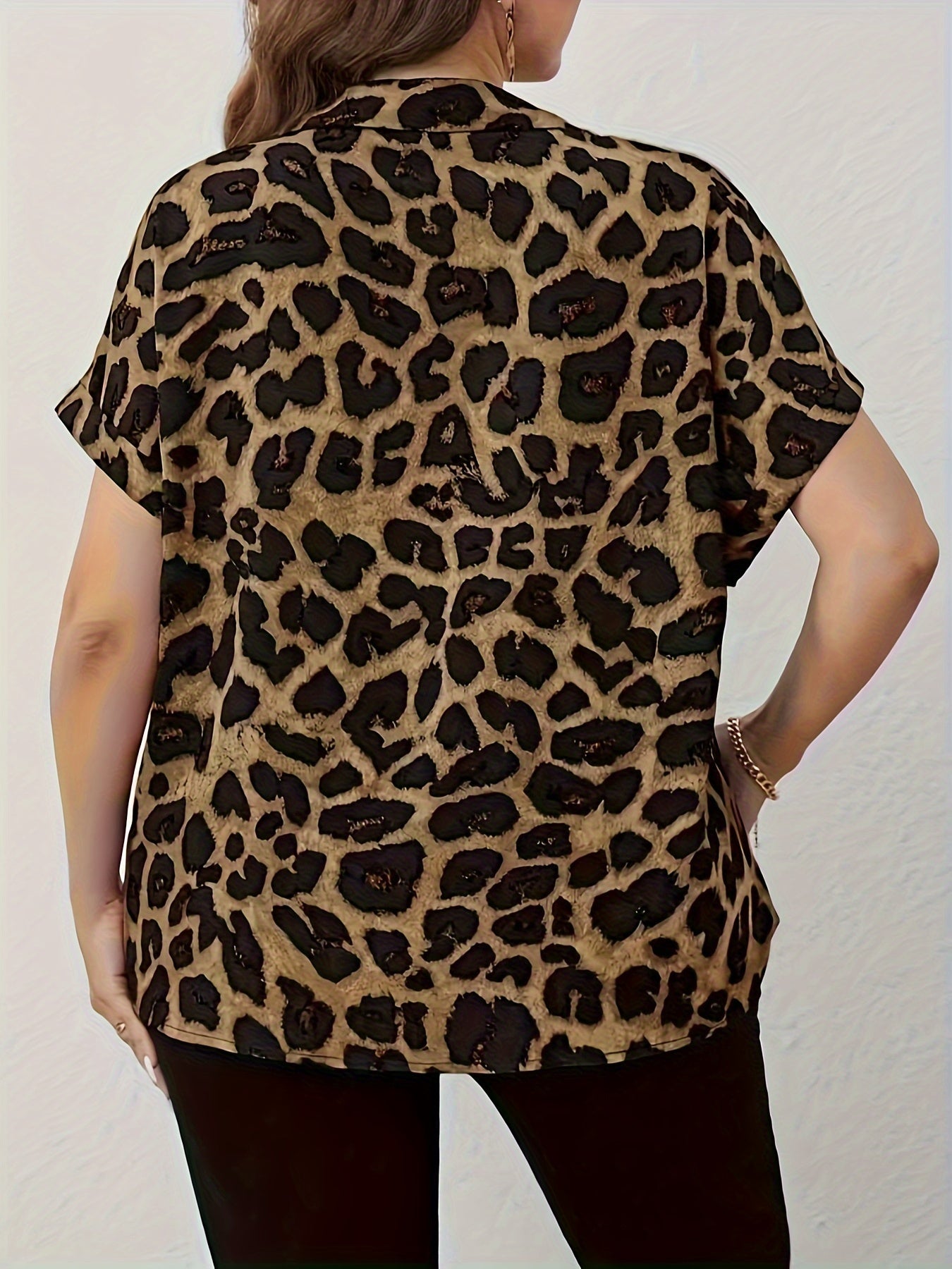 Leopard print blouse, casual collared short sleeve with buttons for spring, plus size women's clothing.