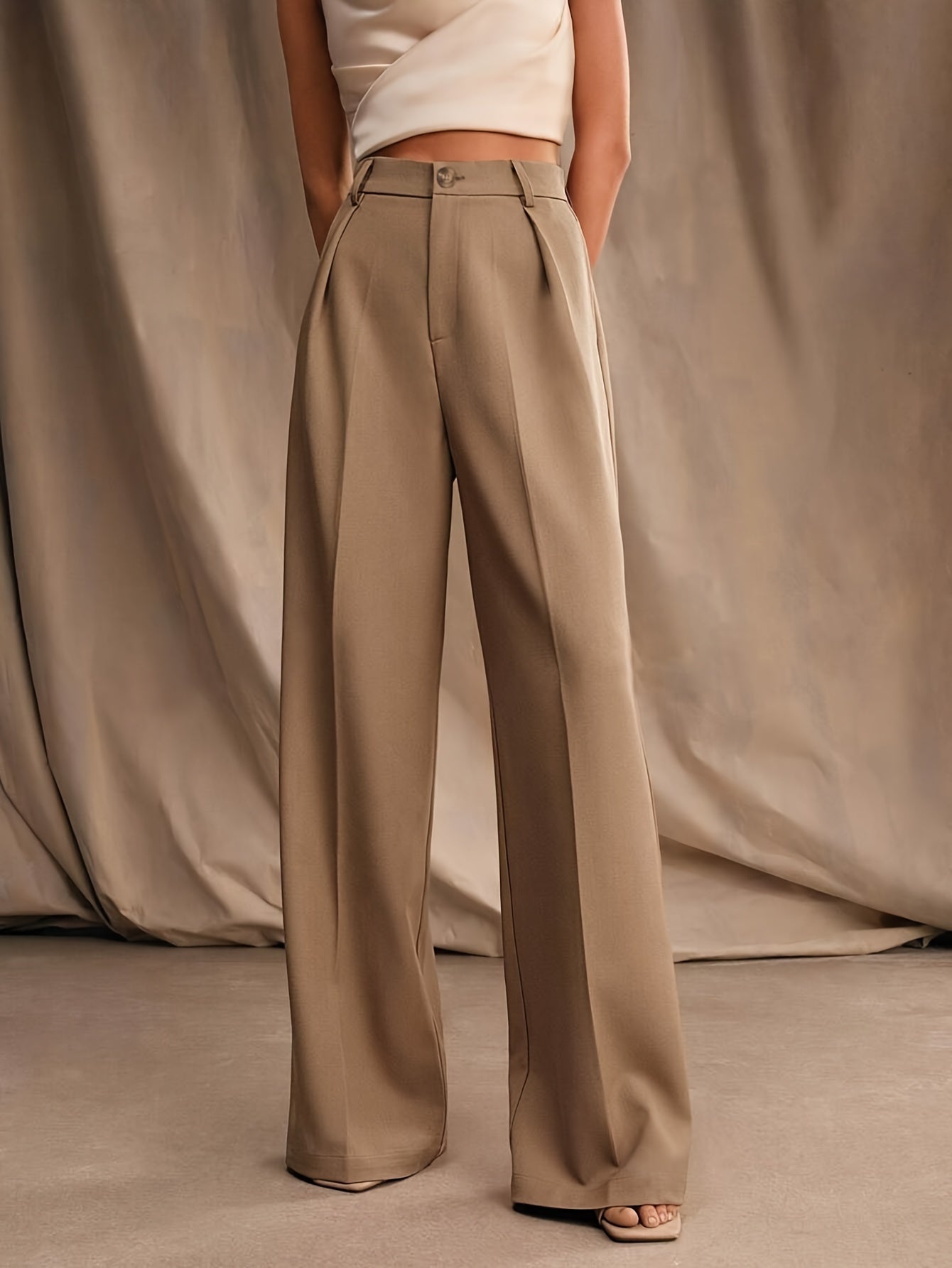 Wide-leg high waist women's pants with elegant design, solid color, suitable for spring and fall, machine washable.