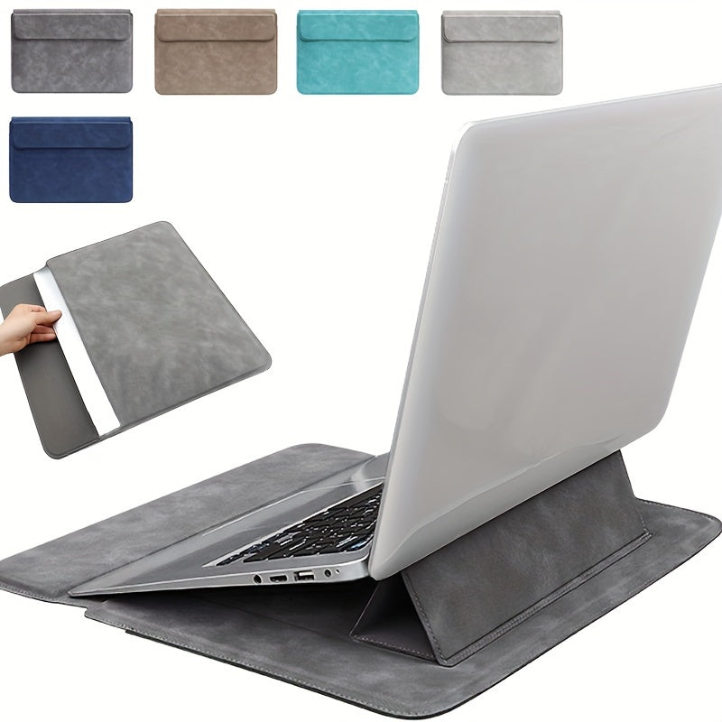 Leather laptop sleeve with stand, ergonomic and water-resistant, fits 13.3, 14.1 inch notebooks - solid pattern.