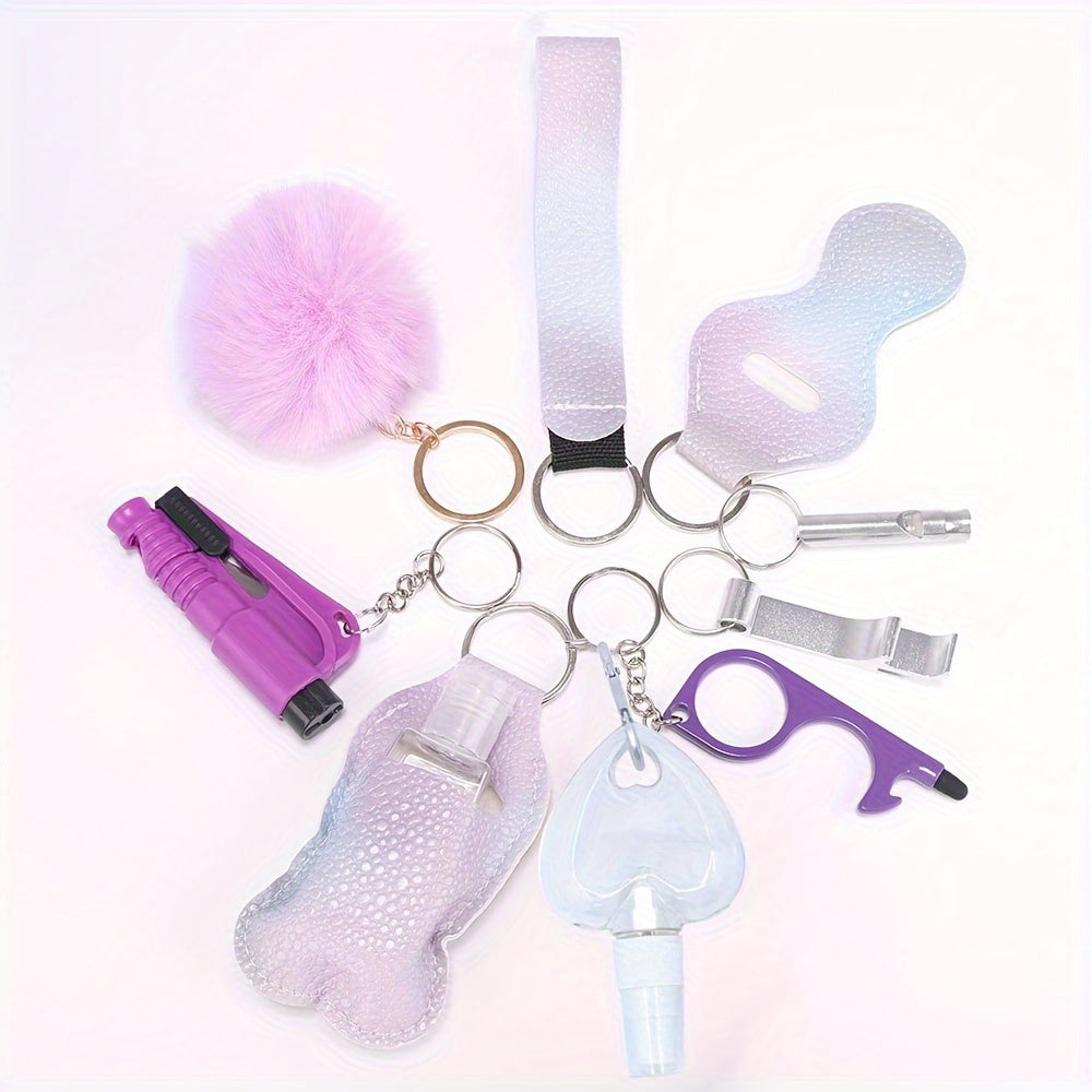 A set of 10 self-defense items for women, including a window breaker, spray bottle, lipstick holder, and other accessories. Perfect for birthday gifts for moms and women.