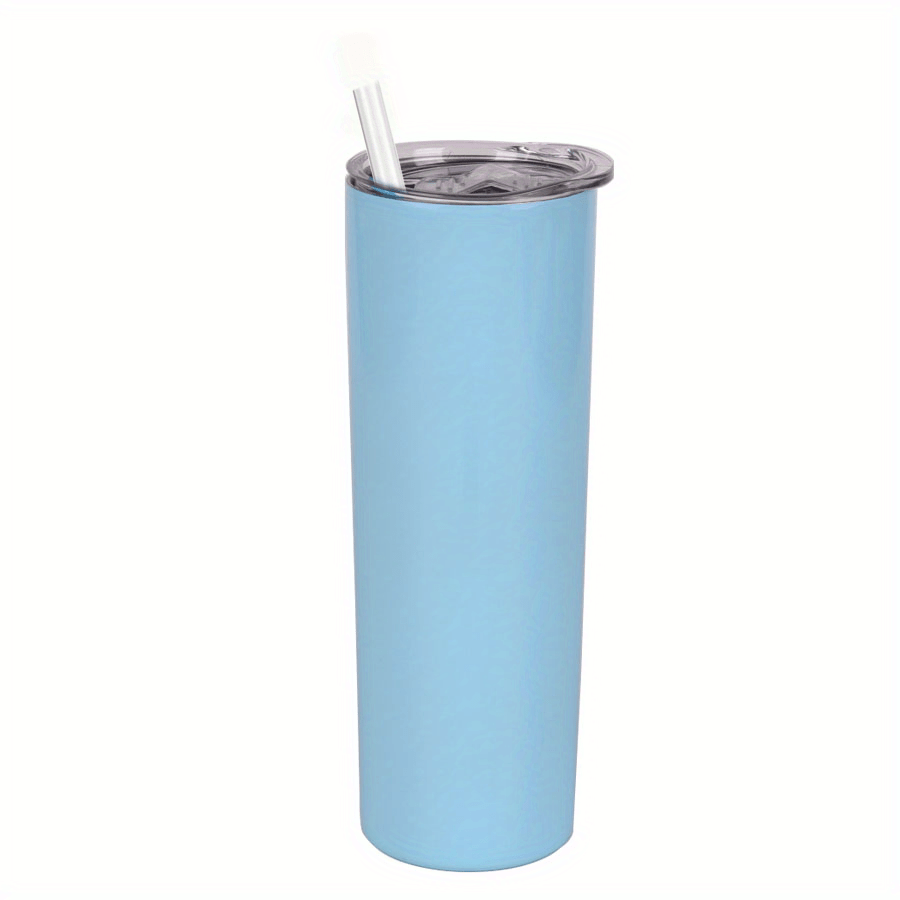 20oz skinny tumbler with stainless steel double wall and vacuum insulation, includes lid and straw.