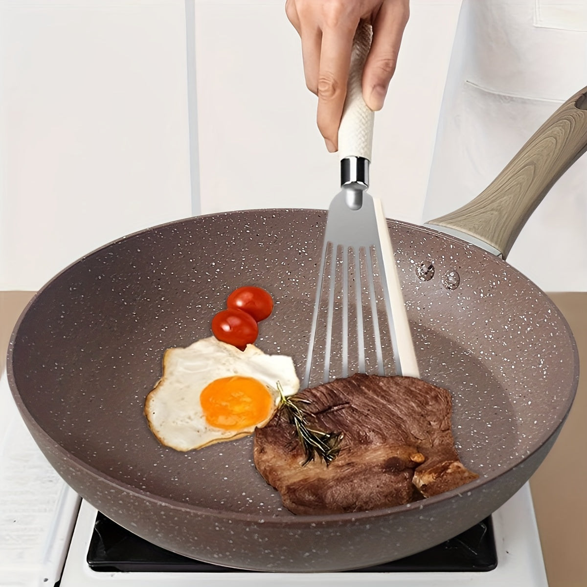 Durable Aluminum Non-Stick Skillet with Wooden Handle, Maifan Stone Coating - Dishwasher Safe Frying Pan for Gas Stove, Easy to Clean.