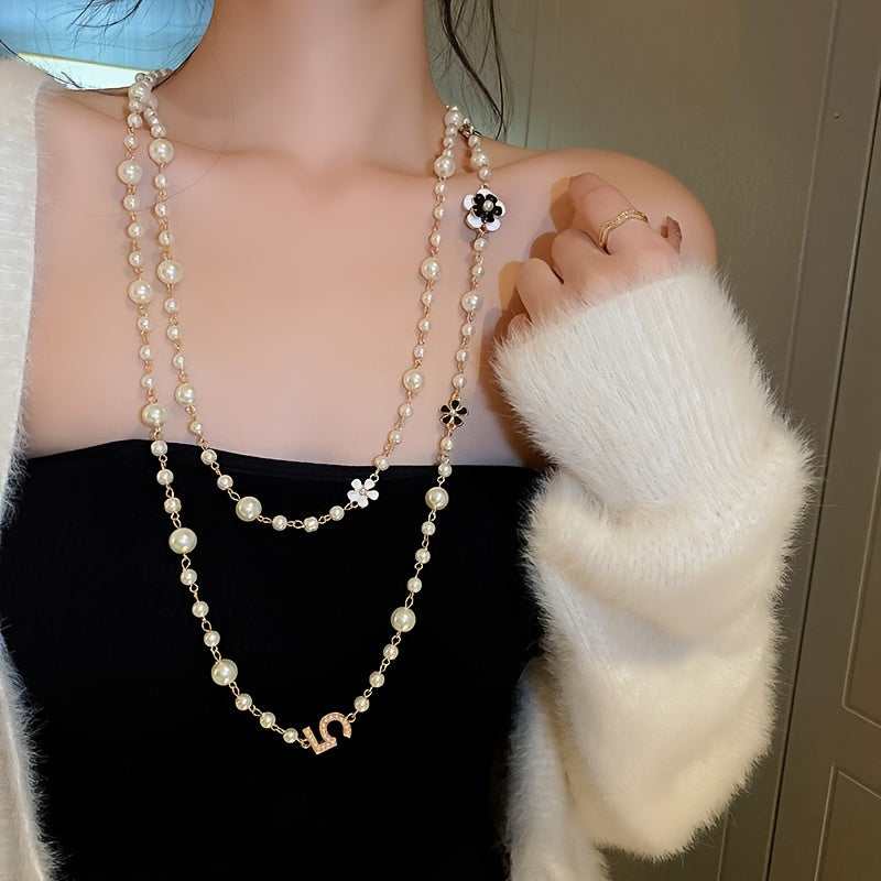 Retro Style Long Sweater Chain Necklace with Bright Glass Faux Pearls, Luxury Multilayered Niche Design, Vintage-Inspired Stackable Jewelry Gift