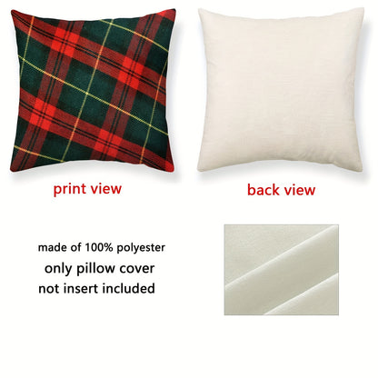 Red & green plaid pillowcase with classic Christmas design, polyester linen blend, zip closure. Ideal for home & party decor. Pillow insert not included.