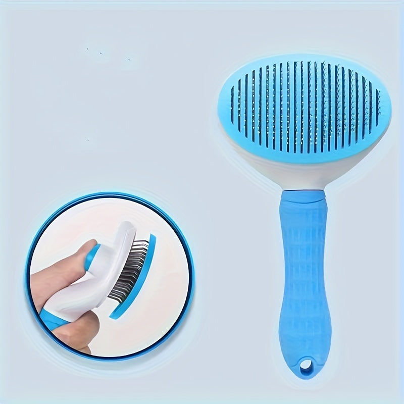 Pet hair removal comb with one-button operation, ideal for grooming and massaging dogs and cats.