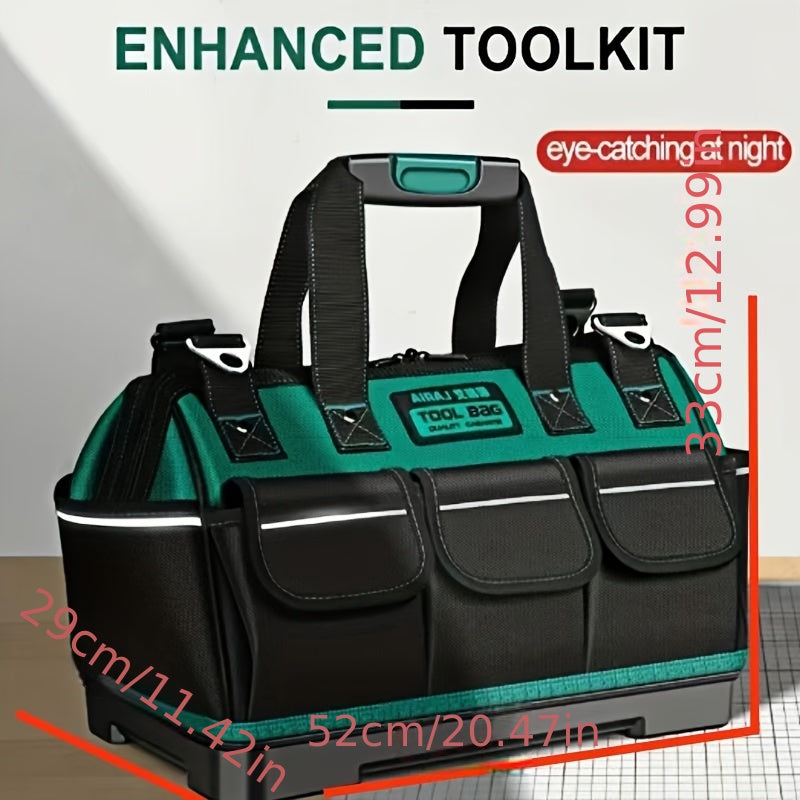 Waterproof tool bag with reflective strips, thick canvas, green, no printing.