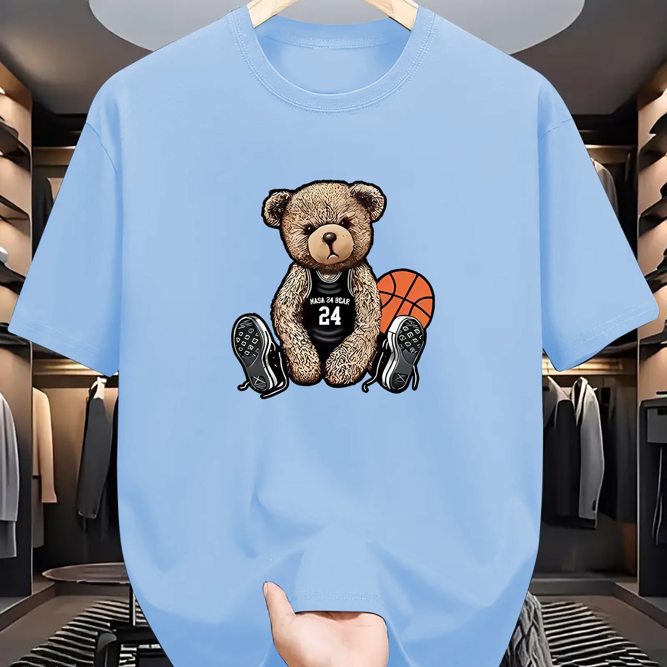 Men's Casual Bear Print T-Shirt: Crew Neck, Short Sleeve, Machine Washable