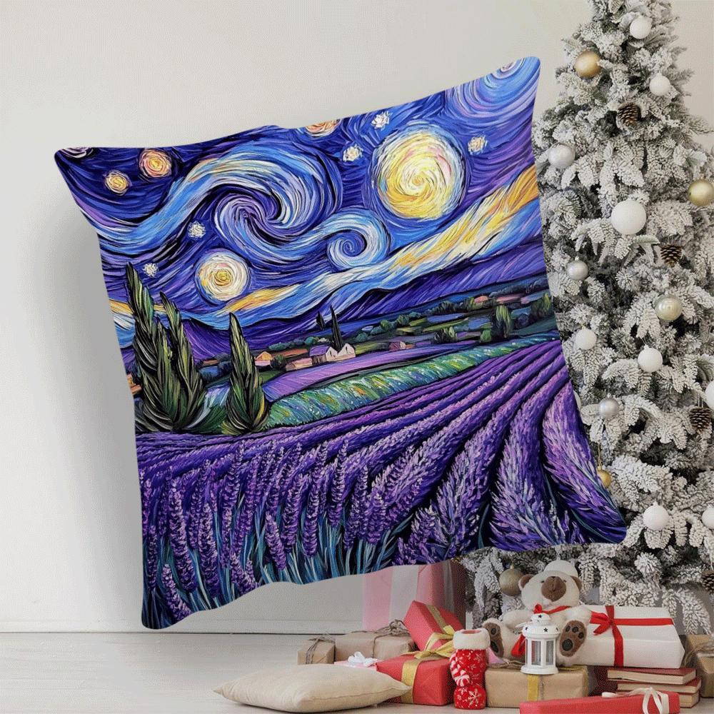 Modern flannel pillow cover featuring a starry night lavender design. This 45.72x45.72 cm cushion case is machine washable with a zippered closure, perfect for adding a touch of movie-themed decor to your sofa or bed. Suitable for back sleepers and ideal