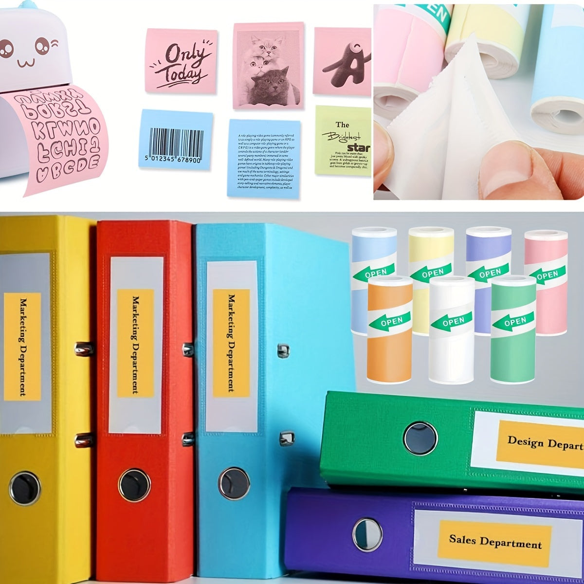 Colorful adhesive stickers in rolls, 57*25mm, suitable for mini printers/Polaroid cameras, ideal for inkless printers, study notes, work, photos, and memos. Glossy finish, compostable