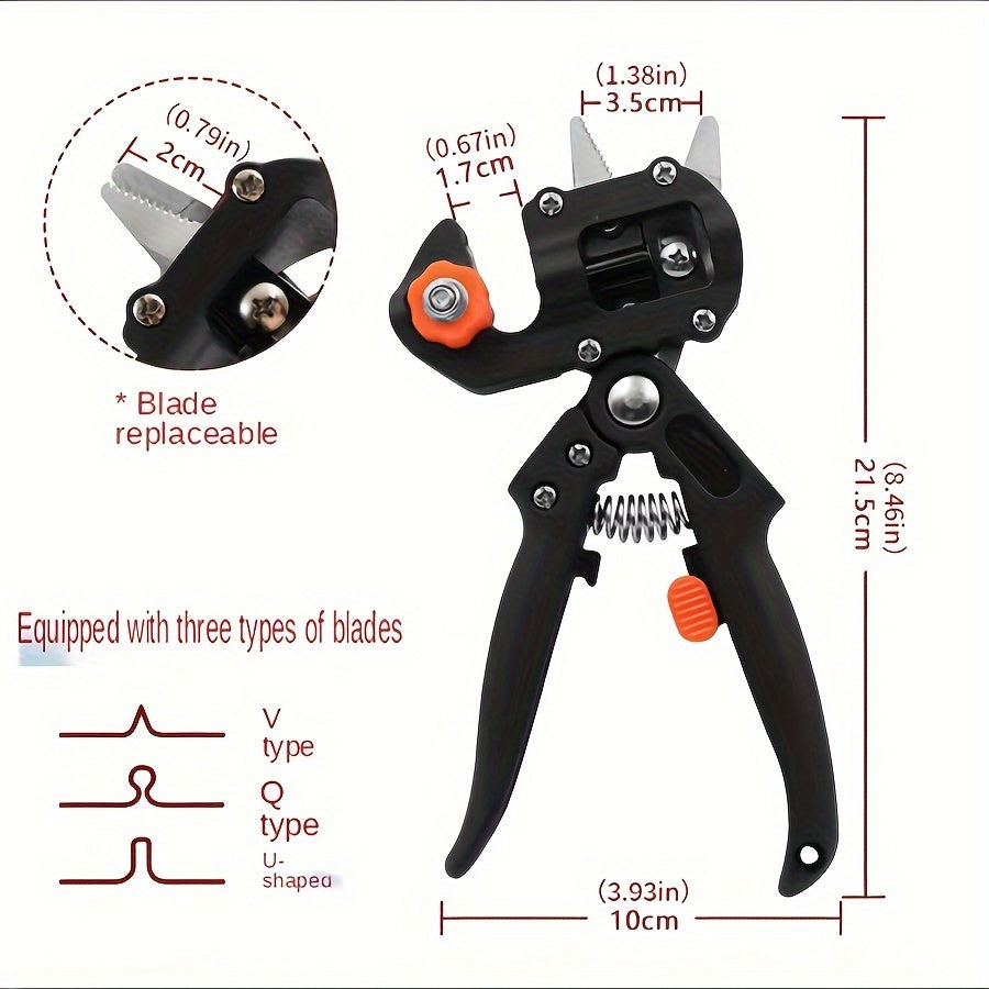 Gardening grafting tool set includes 3 cutting blades, screwdriver, small wrench, special storage bag, pruning shears, cutting knife, and grafting shears with 3 cutting types.