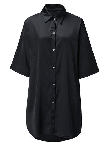 Silky V-neck shirt dress for casual wear at home, with short sleeves and loose fit.