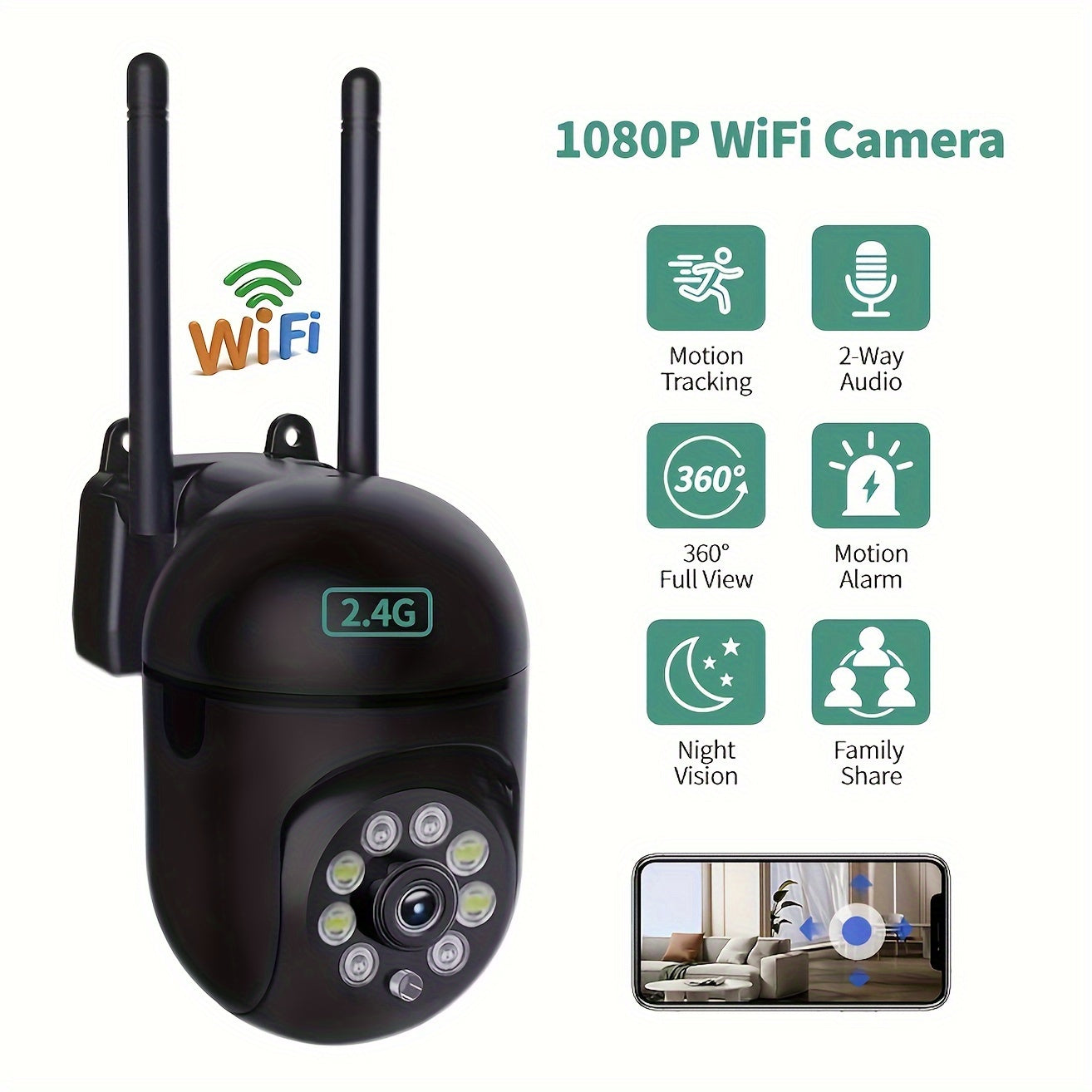 One 1080P HD WiFi security camera with indoor wireless pan-tilt view, 2-way audio, AI motion detection, color night vision, remote monitoring via app, wall-mountable, USB powered, supports