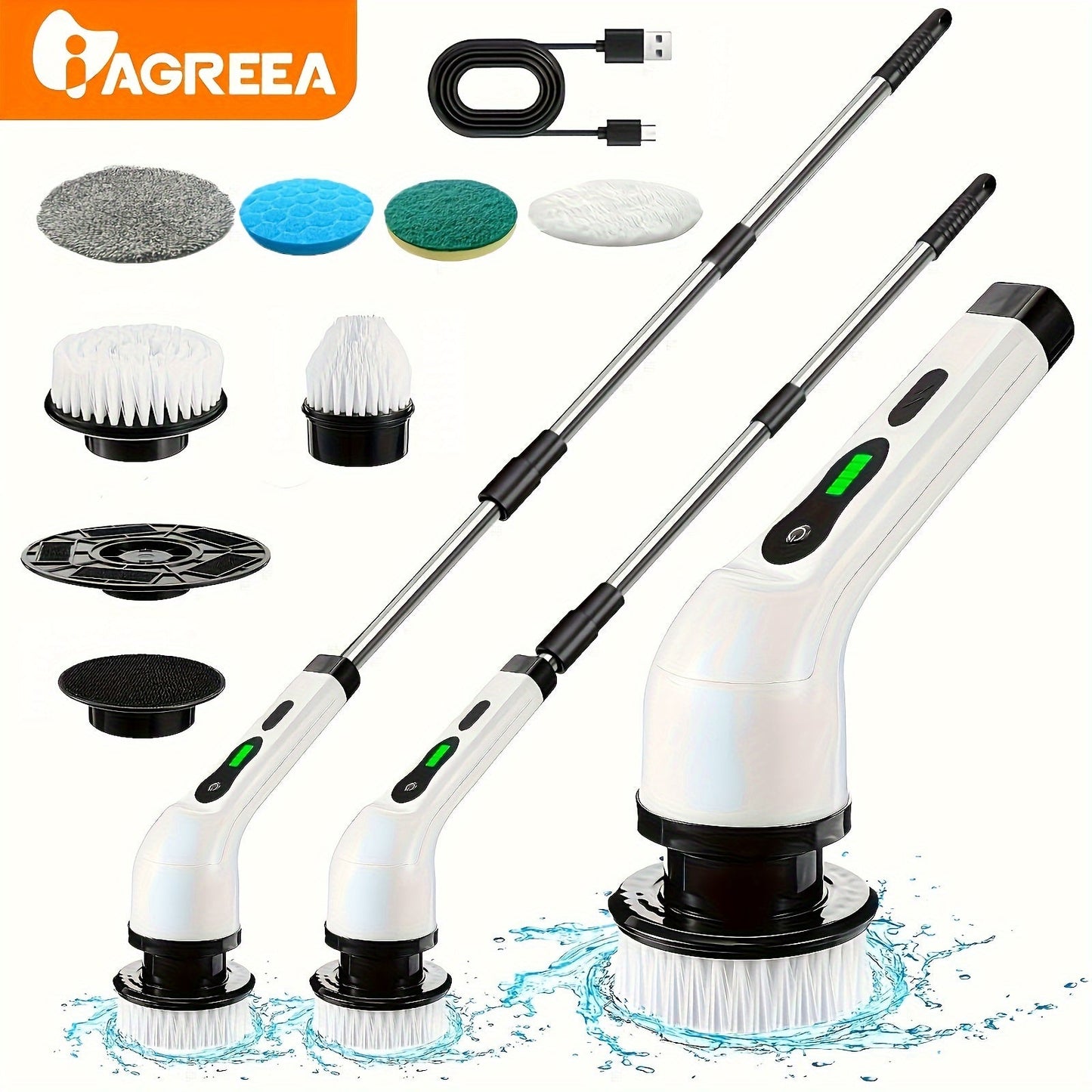 Get ready for the IAGREEA Electric Cleaning Brush! This rotary floor scrubber comes with 6 replaceable brush heads, an adjustable extension handle, and cordless 360-degree cleaning for your bathroom, bathtub, and tiles. Say goodbye to dirt and grime with