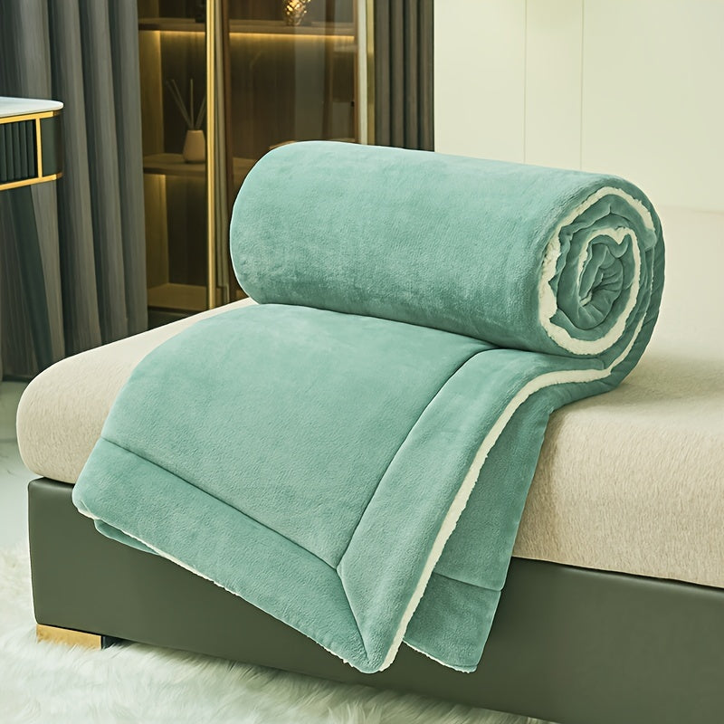 Green Matcha Soft Fleece Double Layer Blanket - Contemporary Style, Machine Washable, Multi-Purpose Winter Bed Throw or Sofa Cover. No Embroidery. Made of Polyester with Knitted design and Water Washed finish. Weighs 180-200g per square kilogram. 1 piece.