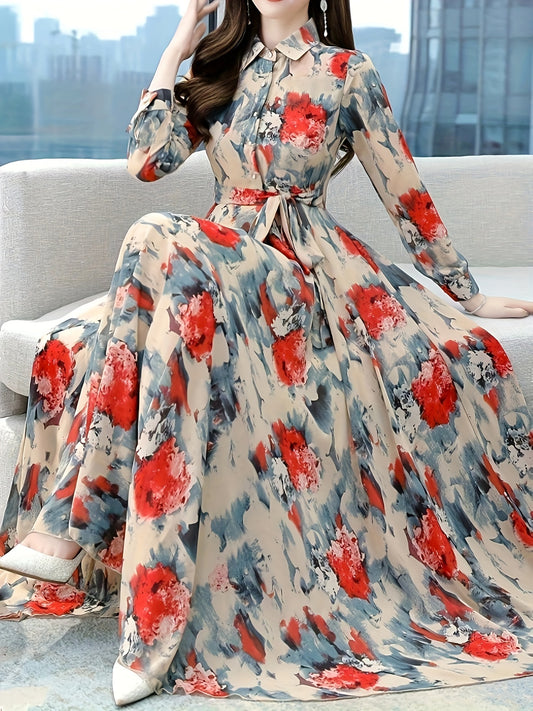 Women's elegant long sleeve floral maxi dress made of 100% polyester woven fabric with a lapel collar, A-line silhouette, and part of the Middle East Collection. Ideal for spring/fall.