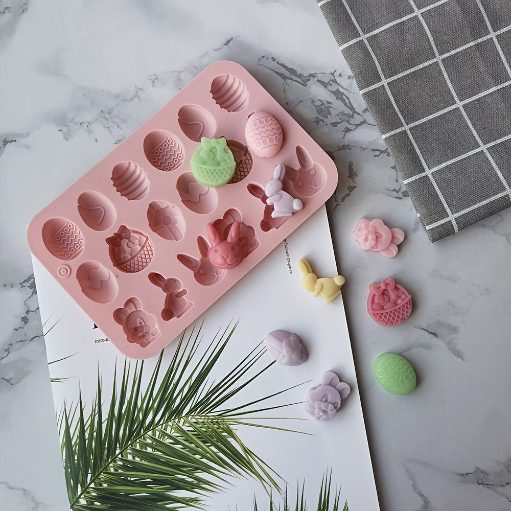 Silicone Easter egg and rabbit candy chocolate mold with 18 cavities, perfect for handmade homemade cakes. A kitchen accessory tool for creating festive treats.