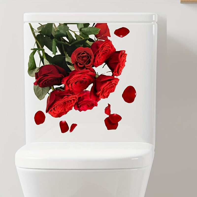 Red rose pattern toilet lid decal for stylish bathroom decor.