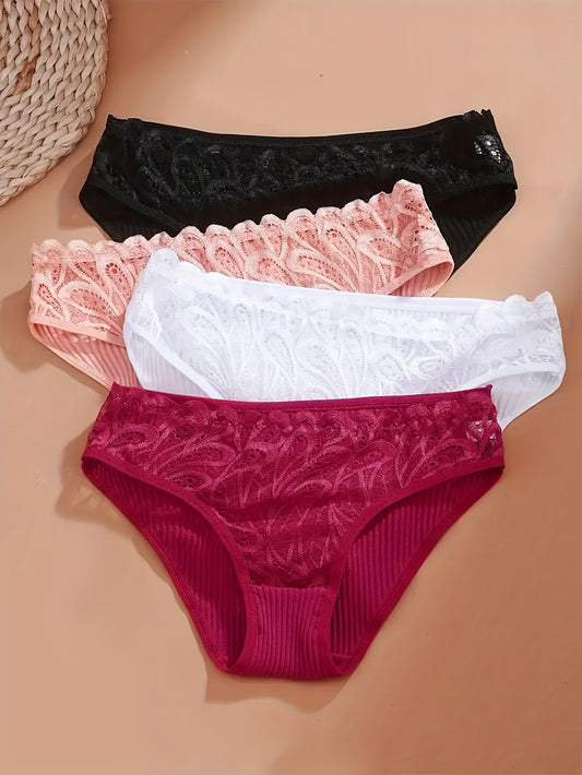 4-pack of lace trim briefs for women, made of comfortable breathable cotton.