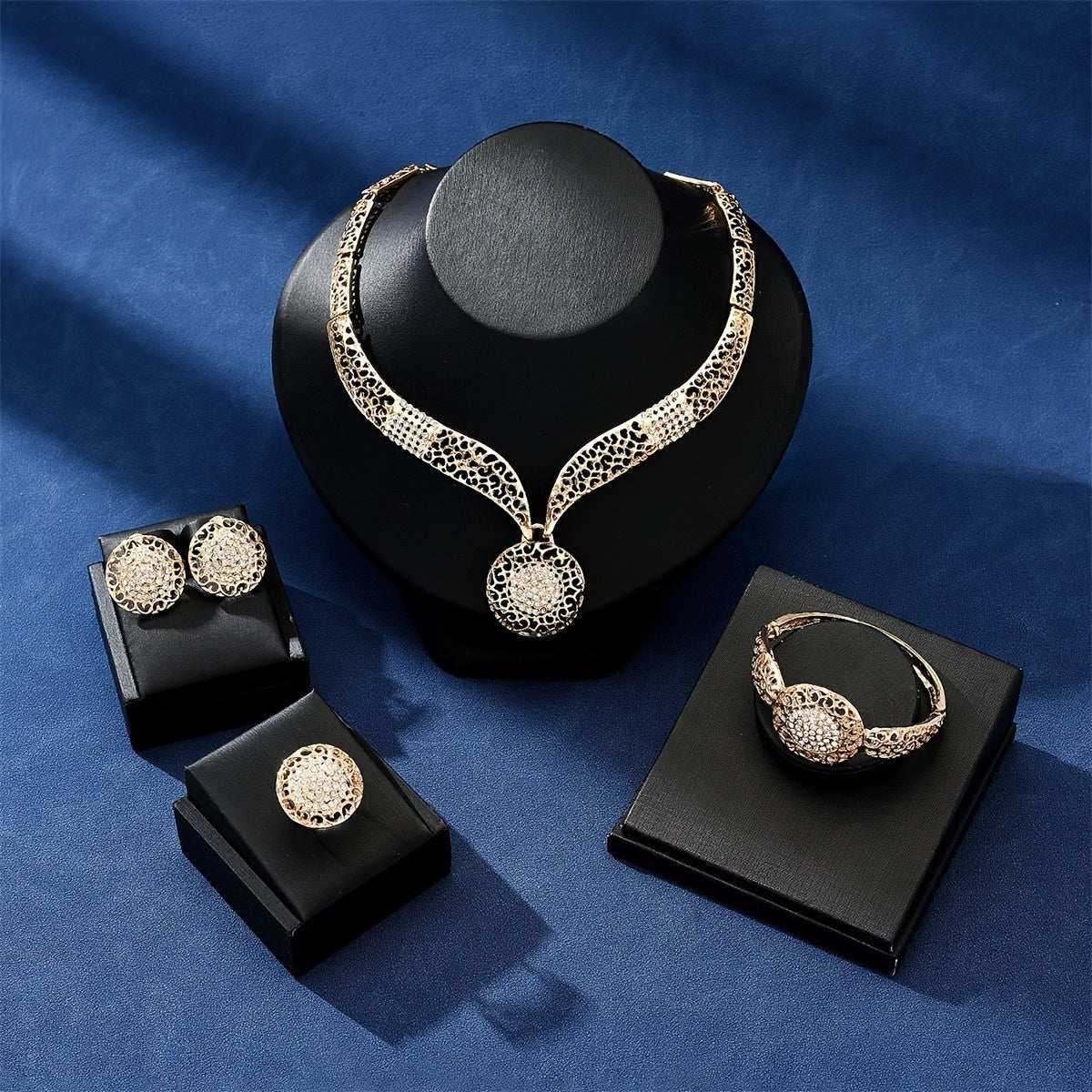 Luxurious Banquet Jewelry Set with Vintage Round Shaped Rhinestone Inlaid Stud Earrings, Ring, Bangle, and Pendant Necklace in Elegant Style