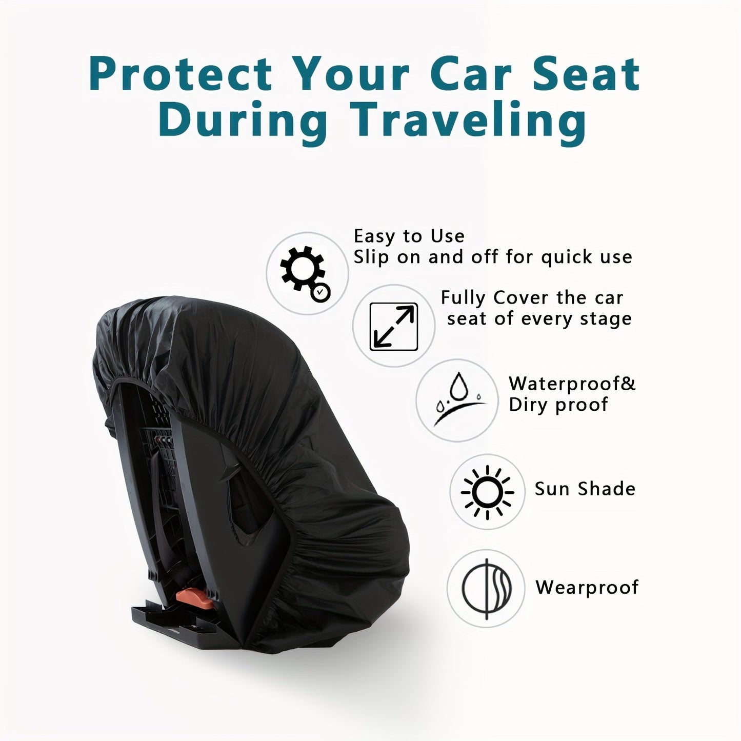 Protect your car seat from sun and heat while traveling with this travel-ready cover. It is waterproof, dustproof, and easy to fit with an elastic band. Perfect for airplane travel, storage, gate check, and use as a car seat travel bag. Keep your car