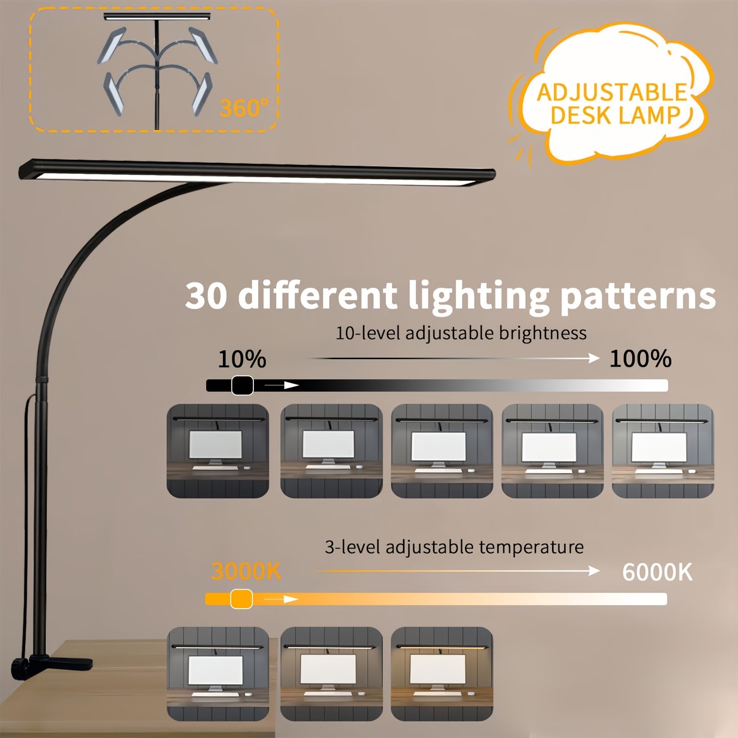 Черная настольная лампа с зажимом для домашнего офиса и игрового стола. Читающая лампа без бликов. Регулируемый режим яркости и диммируемый свет. Регулируемый угол и зарядка через USB (адаптер не включен).