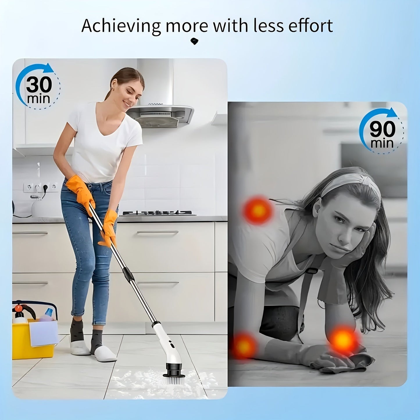 Introducing the versatile White Electric Cleaning Brush with USB Charging, Long Handle, and 2000mAh battery. Comes with 6-9 Replaceable Brush Heads for cleaning floors, walls, outdoor areas, and bathrooms.