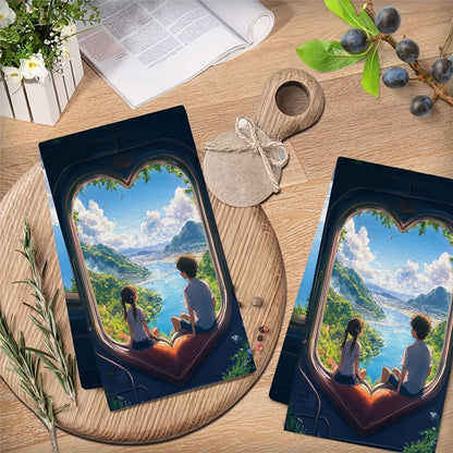 Set of 2 Kitchen Towels - Featuring an Anime Couple Sitting on a Heart Shaped Train Seat, Gazing at a Beautiful Landscape Through the Window. These Ultra Soft Towels are Highly Absorbent and Perfect for Holiday Decor. Machine Washable and Measures 16x24