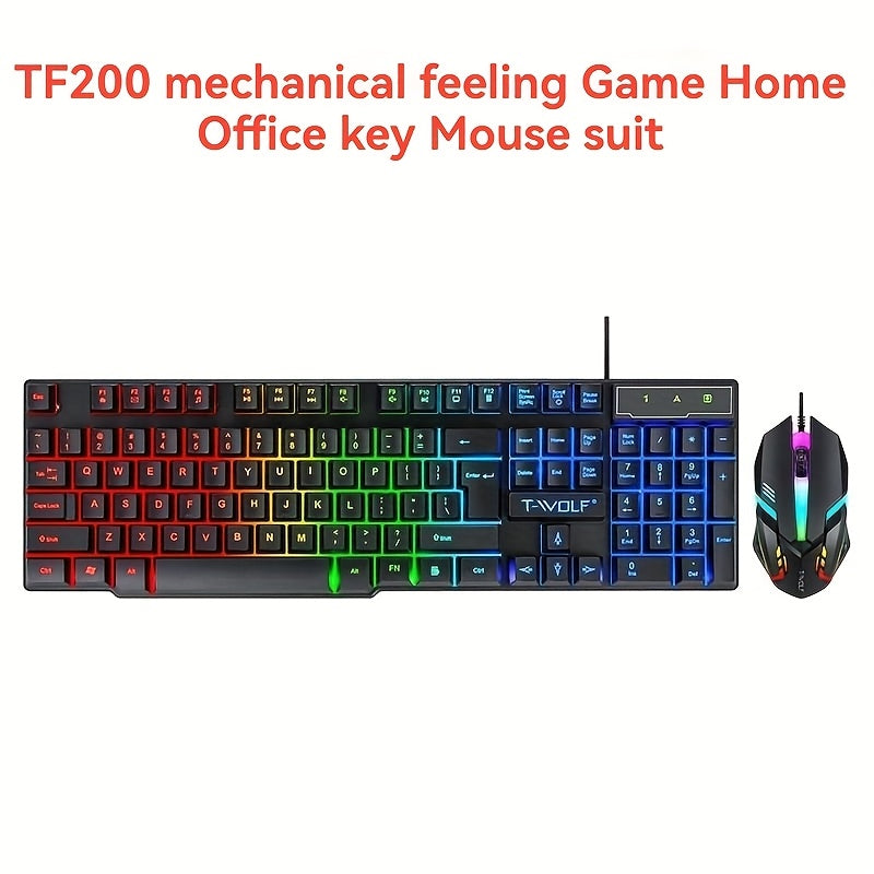 New TF200 gaming keyboard and mouse set with ergonomic design, optical movement detection, cool light effect, mechanical touch suspended key cap, wired, and quick function keys for personal