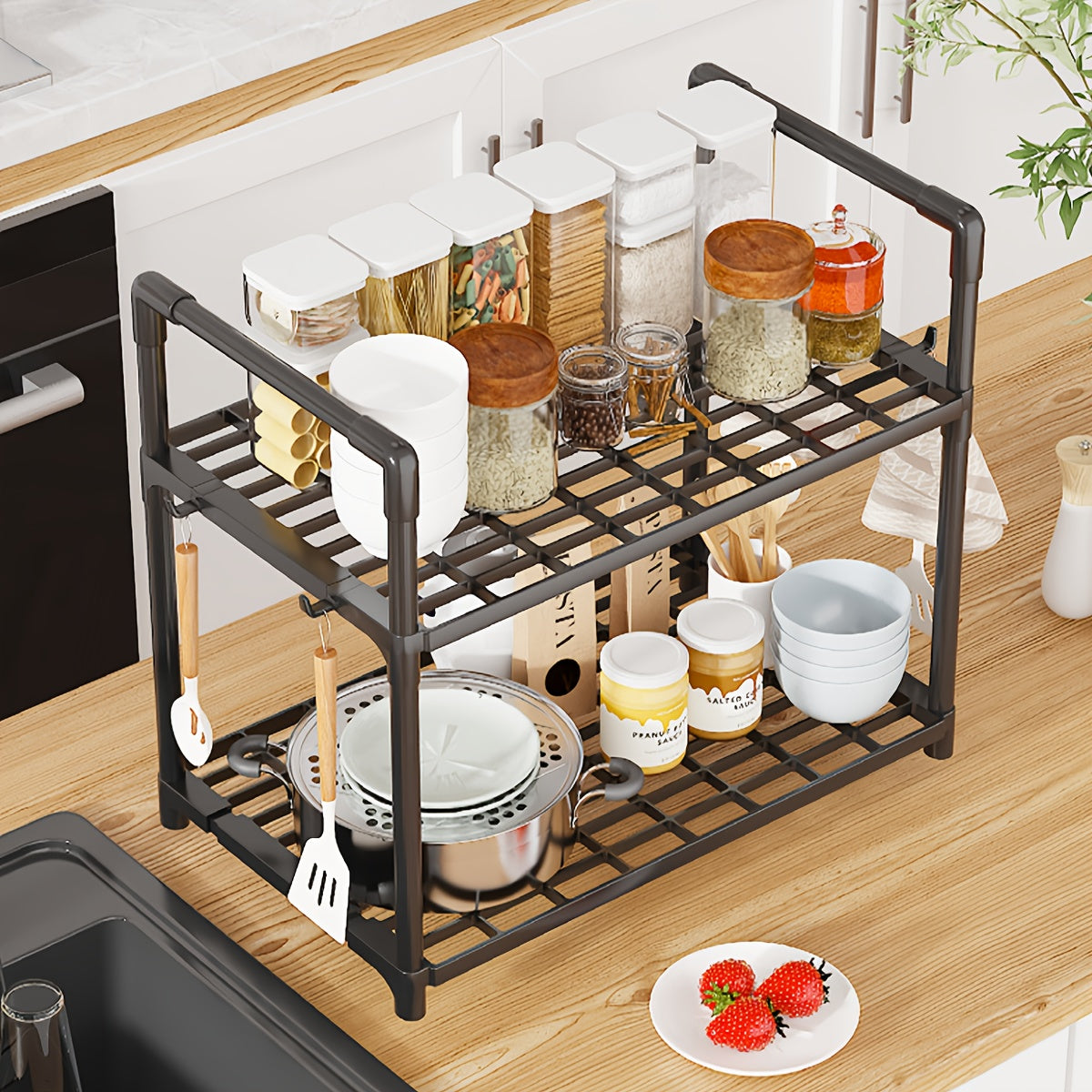 4-Tier Storage Rack Set with Versatile Uses - Simple Assembly, Constructed with Galvanized Metal & Plastic, Compact and Portable for Organizing Kitchen and Bathroom Items.