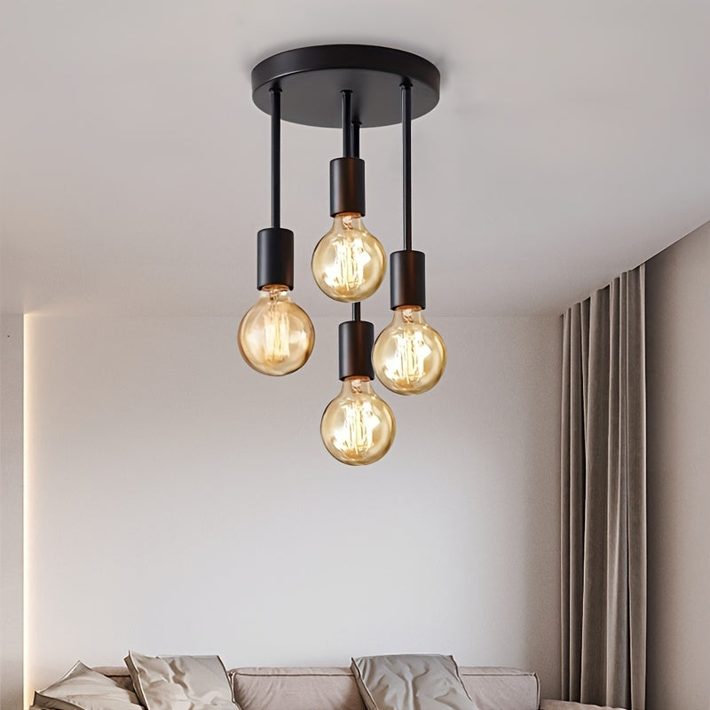 Black ceiling light pendant with 4 lamps in modern satellite design, suitable for E27 bulbs. Ideal for lighting in bedrooms, kitchens, living rooms, and corridors. Bulbs not included.