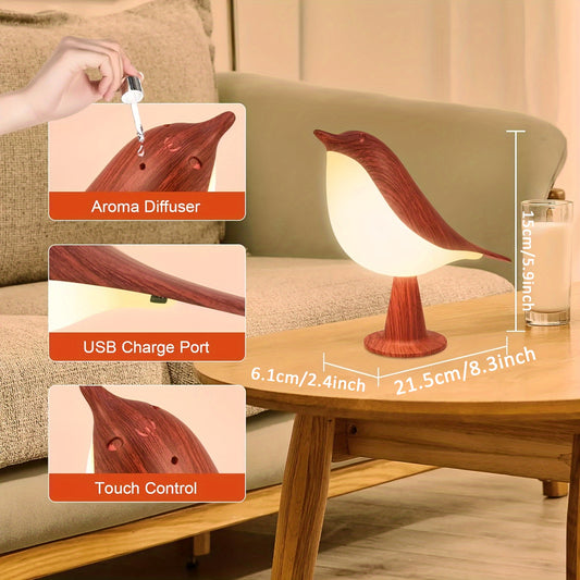 1pc USB cordless charging LED bird light table lamp with touch control, 3 color temperatures, and 3-level dimmable night light. Made of plastic in Maple color. Perfect for Valentine's Day.