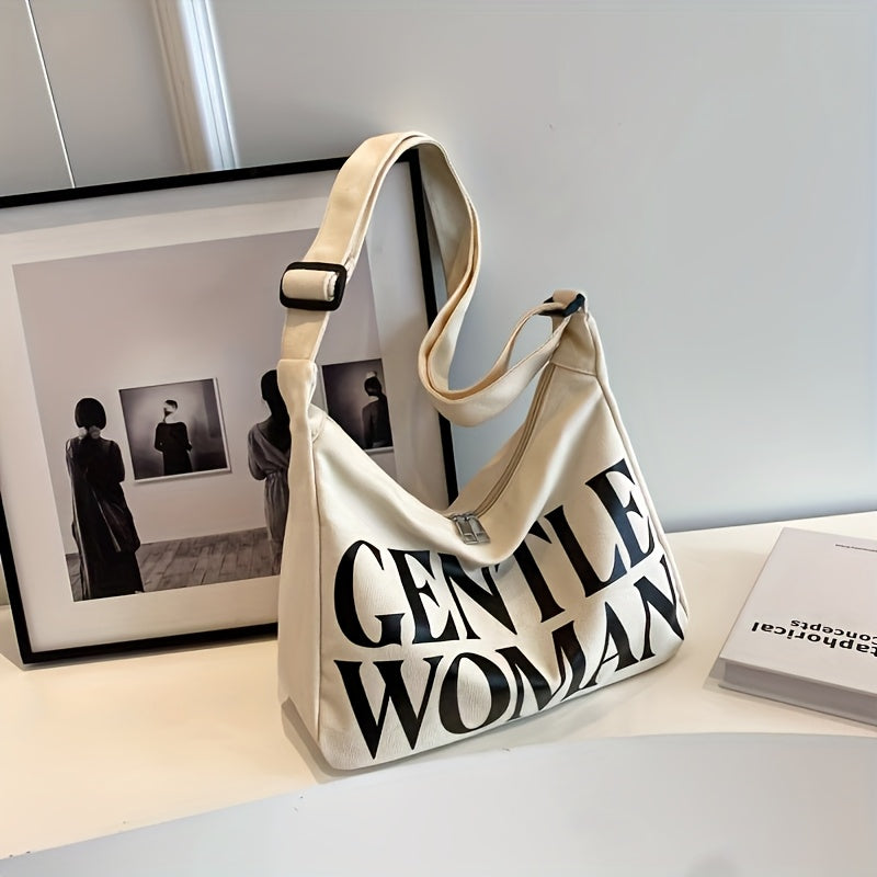 Chic letter print tote bag with zipper closure, suitable for casual work and class. Single strap design with polyester lining in black and white.