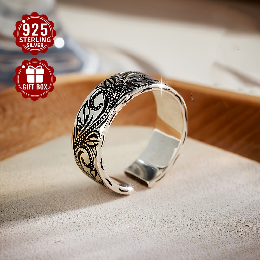 This elegant Bohemian-style 925 sterling silver ring features an adjustable fit and intricate paisley design. Ideal for both men and women, it is perfect for daily wear or special occasions. Weighing 5.5g, this ring is adorned with a leaf flower motif