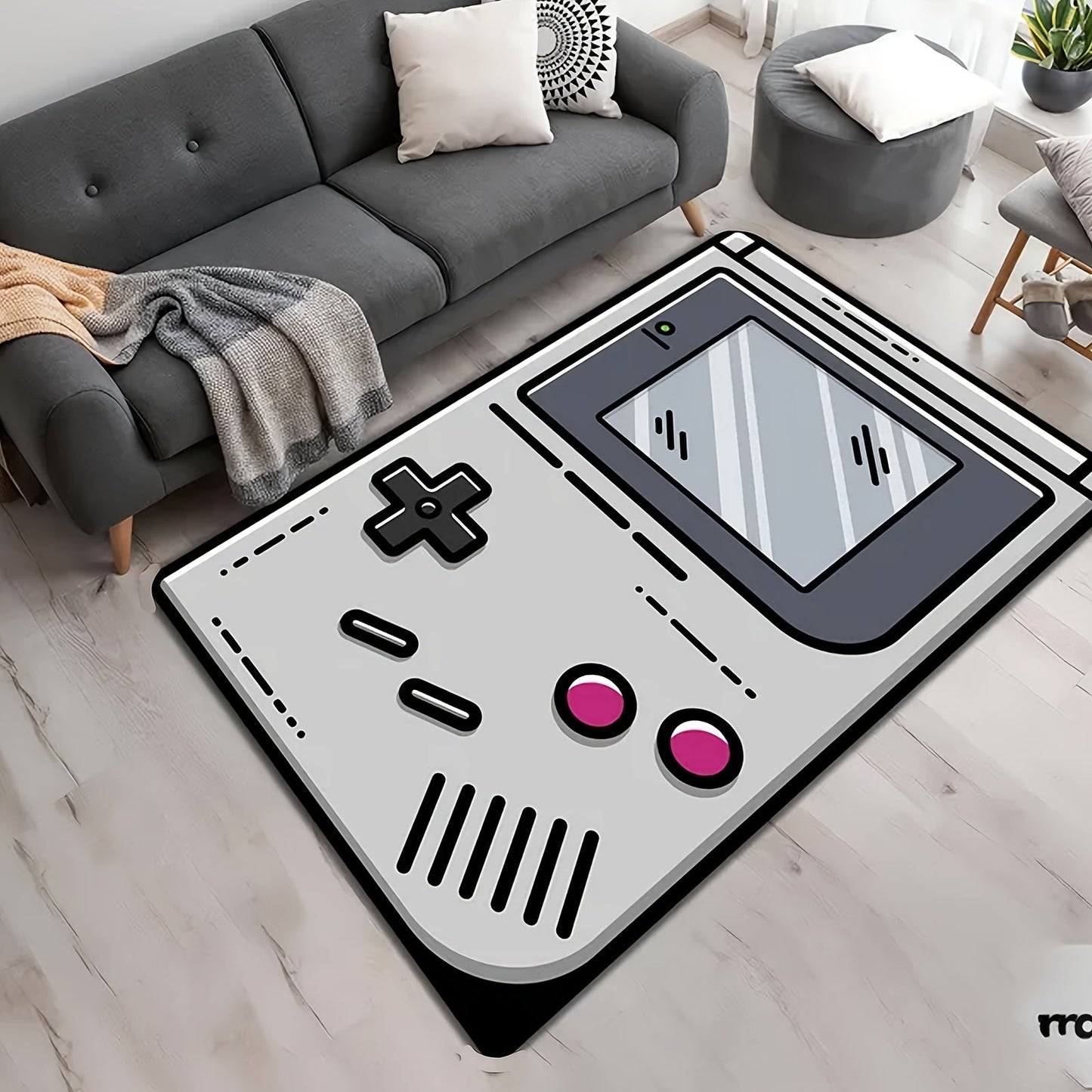 One-piece Retro Game Console Design Soft Non-Slip Area Rug, Weighing 480g per Square Kilogram, with a Thickness of 1cm. Made of Polyester through Machine-Making Process, Recommended for Hand Wash Only. Suitable for Living Room and Kitchen Decor as a