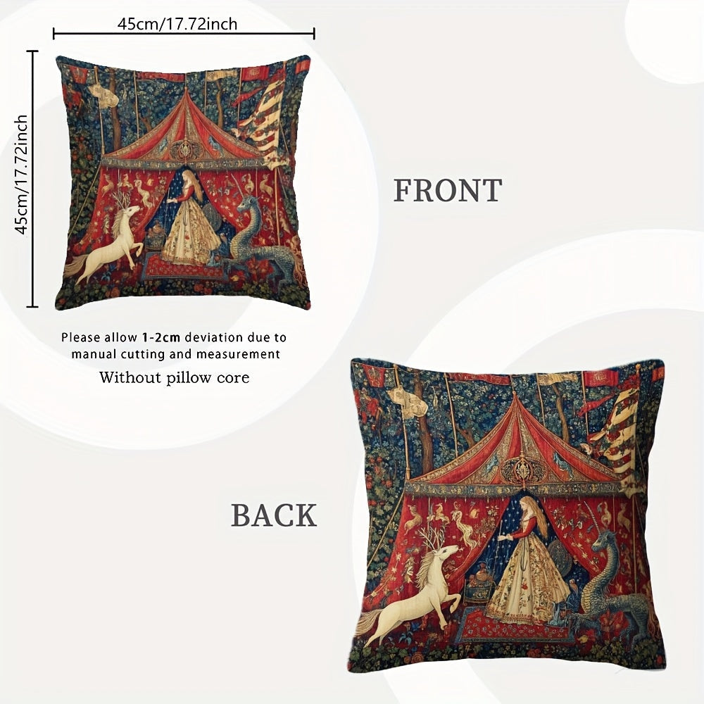 Decorative Pillow Cover featuring a Medieval Lady and Mythical Creatures design - Double-Sided Print, Zipper Closure, made of Polyester, perfect for Adult Home Decor, great for Valentine's Day, Halloween, and Christmas. Product code: QYH7-136