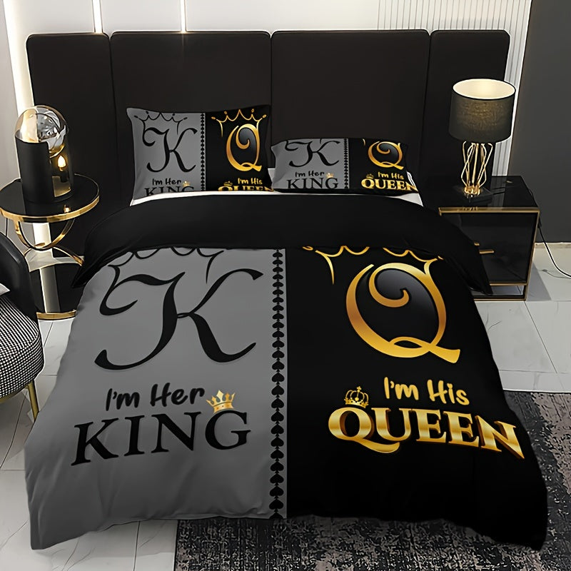 3-piece polyester bedding set with digital print featuring king and queen crown motifs. Includes 1 comforter cover and 2 pillow shams. Machine washable with breathable fabric for all-season comfort. Makes a cozy bedroom accessory and perfect Christmas