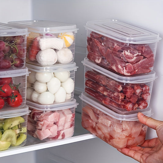 Five clear plastic food storage containers, ideal for organizing your fridge or taking on the go. Constructed from food-safe PP material.