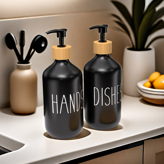 Set of 2 soap dispensers for hand and dish soap, with a countertop lotion bottle for bathroom use.