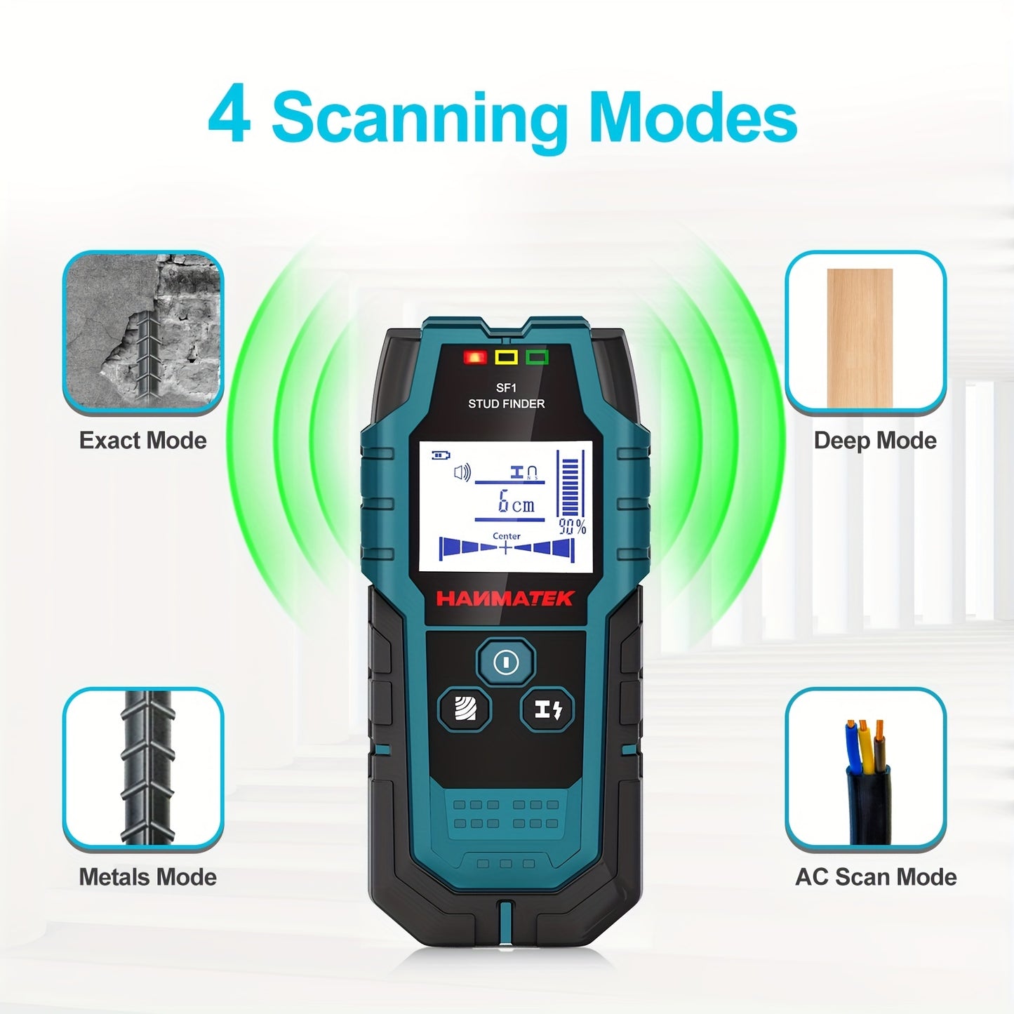 HANMATEK SF1 Wall Scanner detects studs, joists, and AC wires with LCD display.