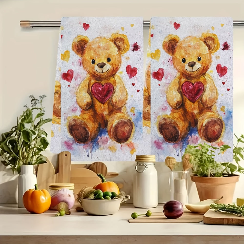 This set includes 2 ultra-soft kitchen towels with a cute Valentine's Day teddy bear design. They are highly absorbent and ideal for holiday decorating. These towels are machine washable and measure 40.64x60.96 cm.