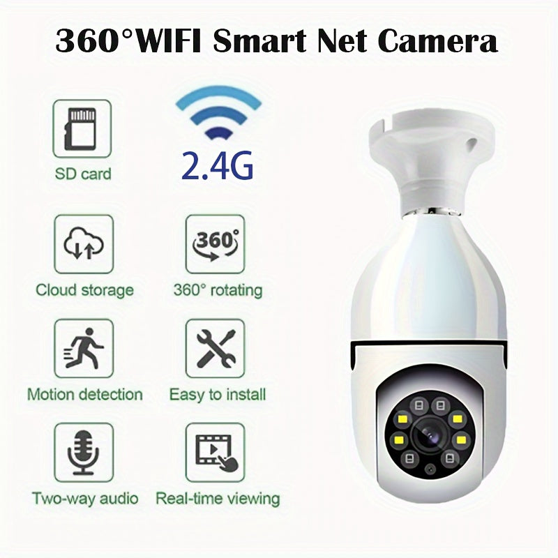 WiFi-enabled smart bulb camera with night vision capabilities, two-way audio, and a wide angle lens. Allows for real-time video streaming, remote monitoring, and compatibility with voice assistants. Ideal for ensuring the safety of youngsters and makes