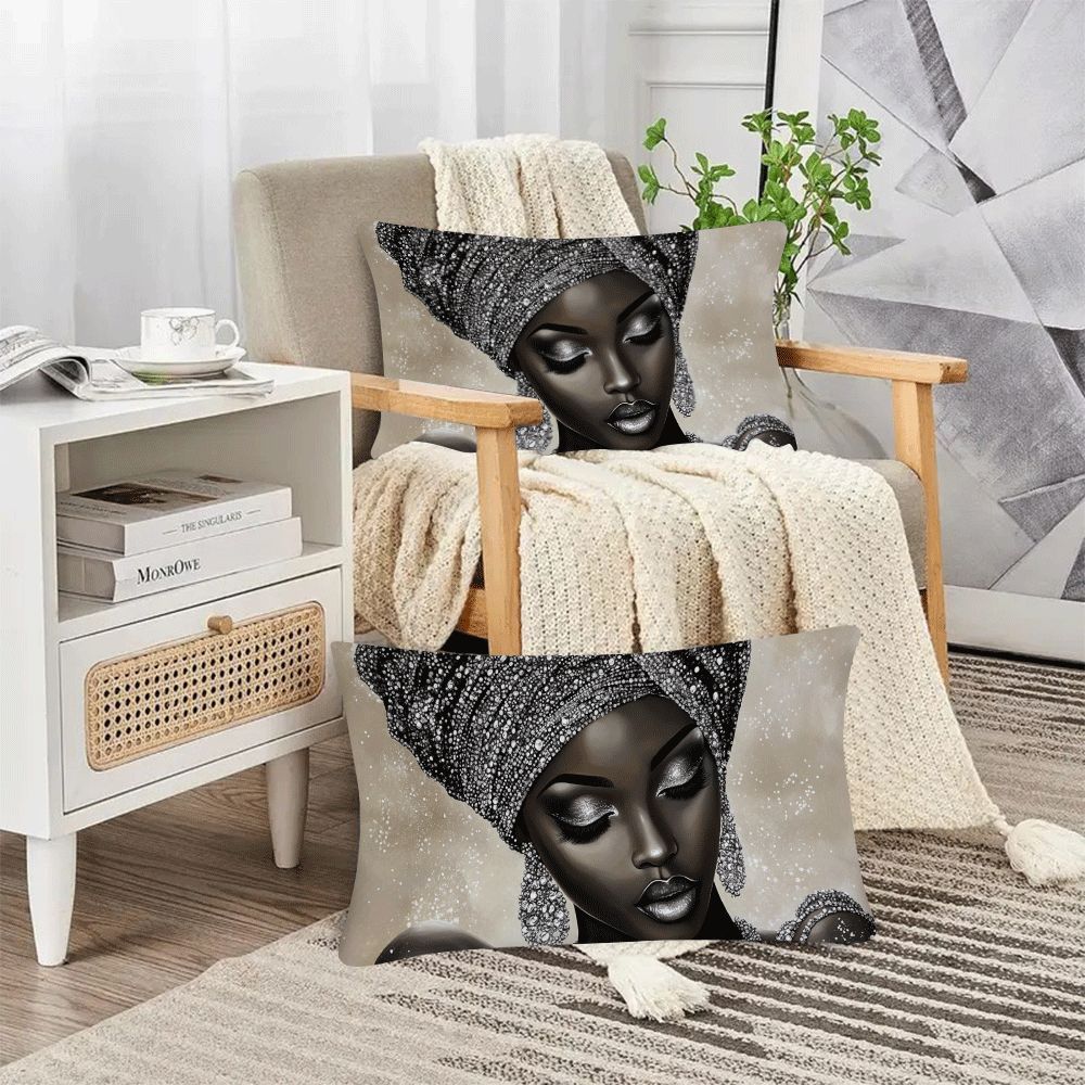 Two African Woman Themed Polyester Pillow Covers in Casual Style, Machine Washable with Zipper Closure. Space-Themed Decorative Cushion Cases designed for Back Sleepers, offering All-Season Comfort for ages 14 and up.