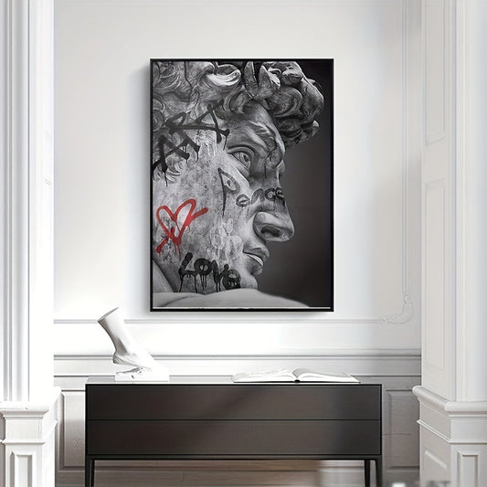 Modern gray wall art print of Michelangelo's David with graffiti and heart accents for living room, bedroom, or office décor.