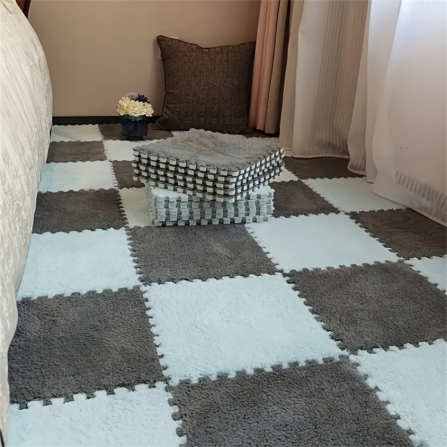 Set of 12 interlocking EVA foam mats featuring a non-slip puzzle design. Made with soft polyester material that is washable. Each mat measures 29.97x29.97 cm and is suitable for use in living rooms, bedrooms, and indoor spaces.