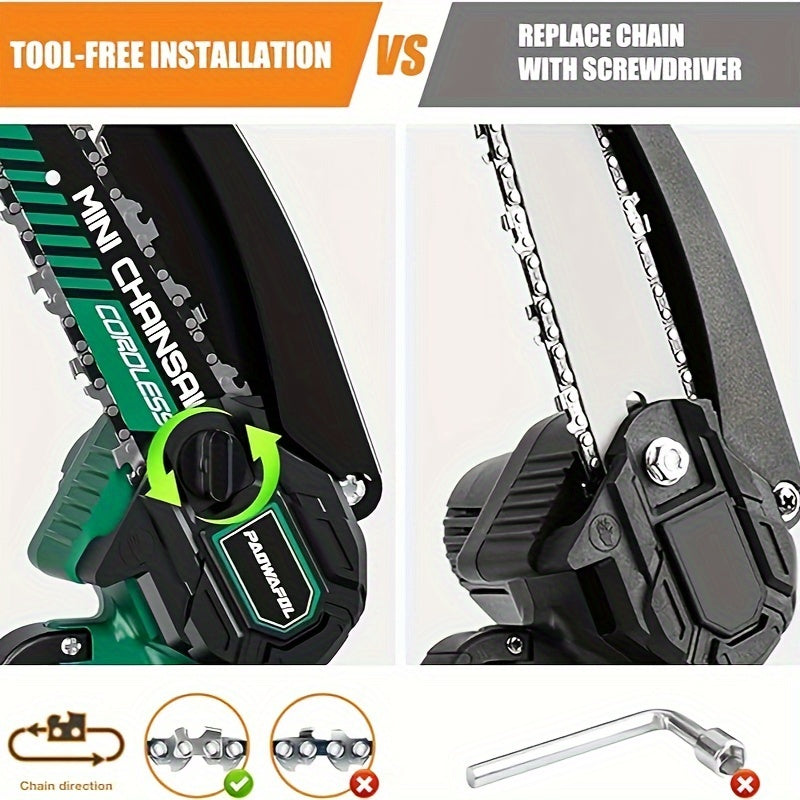 6-inch Cordless Electric Chainsaw with 2 rechargeable batteries, charger, and chainsaw batteries, ideal for cutting wood, trimming trees, and pruning garden branches.