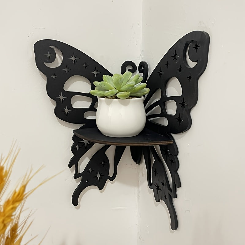 Black wooden wall shelf in the shape of a lotus and butterfly, ideal for displaying candles. Made of manufactured wood, suitable for festive wall decor.