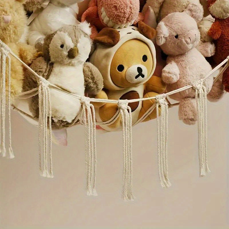 Boho Chic Plush Hammock - Hanging Net for Stuffed Animals Storage, Easy to Install, Perfect for Bedroom Decor